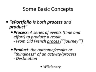 Some Basic Concepts
 “ePortfolio is both process and
product”
Process: A series of events (time and
effort) to produce a result
- From Old French proces (“‘journey’”)
Product: the outcome/results or
“thinginess” of an activity/process
- Destination
 Wiktionary
 