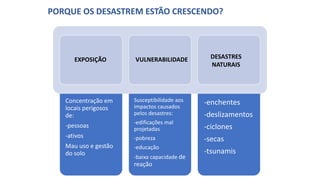 Concentração em
locais perigosos
de:
-pessoas
-ativos
Mau uso e gestão
do solo
Susceptibilidade aos
impactos causados
pelos desastres:
-edificações mal
projetadas
-pobreza
-educação
-baixa capacidade de
reação
-enchentes
-deslizamentos
-ciclones
-secas
-tsunamis
EXPOSIÇÃO VULNERABILIDADE DESASTRES
NATURAIS
PORQUE OS DESASTREM ESTÃO CRESCENDO?
 