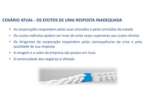 CENÁRIO ATUAL - OS EFEITOS DE UMA RESPOSTA INADEQUADA
• As corporações respondem pelas suas omissões e pelas omissões do estado
• Os custos indiretos podem ser mais de vinte vezes superiores aos custos diretos
• Os dirigentes da corporação respondem pelas consequências da crise e pela
qualidade de sua resposta
• A imagem e o valor da empresa são postos em risco
• A continuidade dos negócios é afetada
 