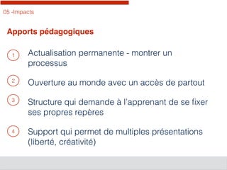 05 -Impacts
Apports pédagogiques
1
2
Actualisation permanente - montrer un
processus
Ouverture au monde avec un accès de partout
Structure qui demande à l’apprenant de se ﬁxer
ses propres repères
Support qui permet de multiples présentations
(liberté, créativité)
3
4
 
