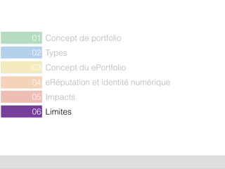 Concept de portfolio01
Types02
Concept du ePortfolio
05
eRéputation et identité numérique
06
Impacts
03
Limites
04
 