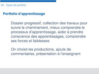 02 - Types de portfolio
Dossier progressif, collection des travaux pour
suivre le cheminement, mieux comprendre le
processus d’apprentissage, aider à prendre
conscience des apprentissages, comprendre
ses forces et faiblesses
On choisit les productions, ajouts de
commentaires, présentation à l’enseignant
Portfolio d’apprentissage
 