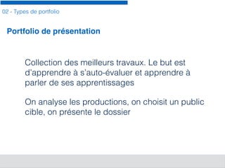 02 - Types de portfolio
Collection des meilleurs travaux. Le but est
d’apprendre à s’auto-évaluer et apprendre à
parler de ses apprentissages
On analyse les productions, on choisit un public
cible, on présente le dossier
Portfolio de présentation
 