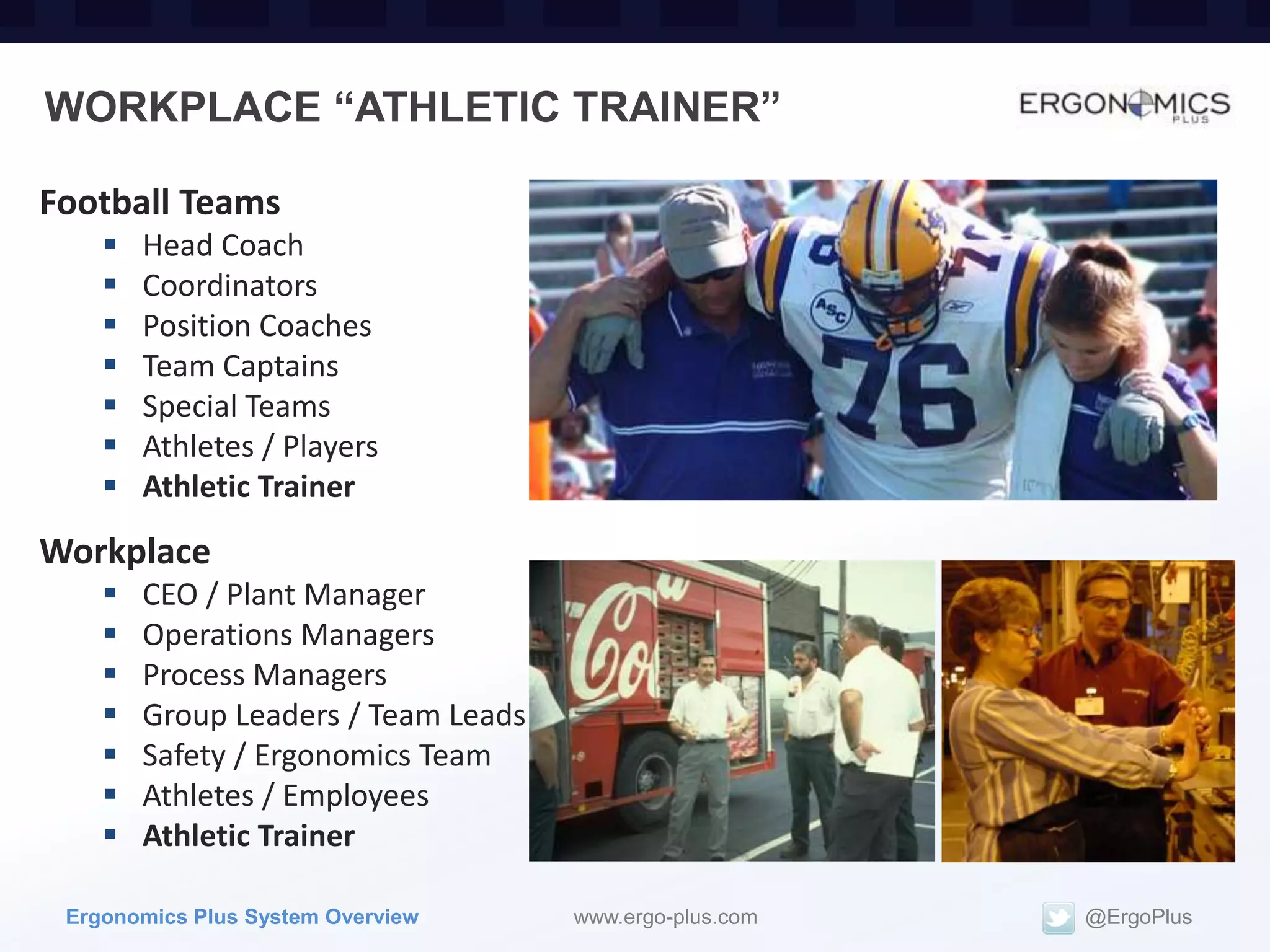 WORKPLACE “ATHLETIC TRAINER”

Football Teams
       Head Coach
       Coordinators
       Position Coaches
       Team Captains
       Special Teams
       Athletes / Players
       Athletic Trainer
Workplace
       CEO / Plant Manager
       Operations Managers
       Process Managers
       Group Leaders / Team Leads
       Safety / Ergonomics Team
       Athletes / Employees
       Athletic Trainer

 Ergonomics Plus System Overview     www.ergo-plus.com   @ErgoPlus
 