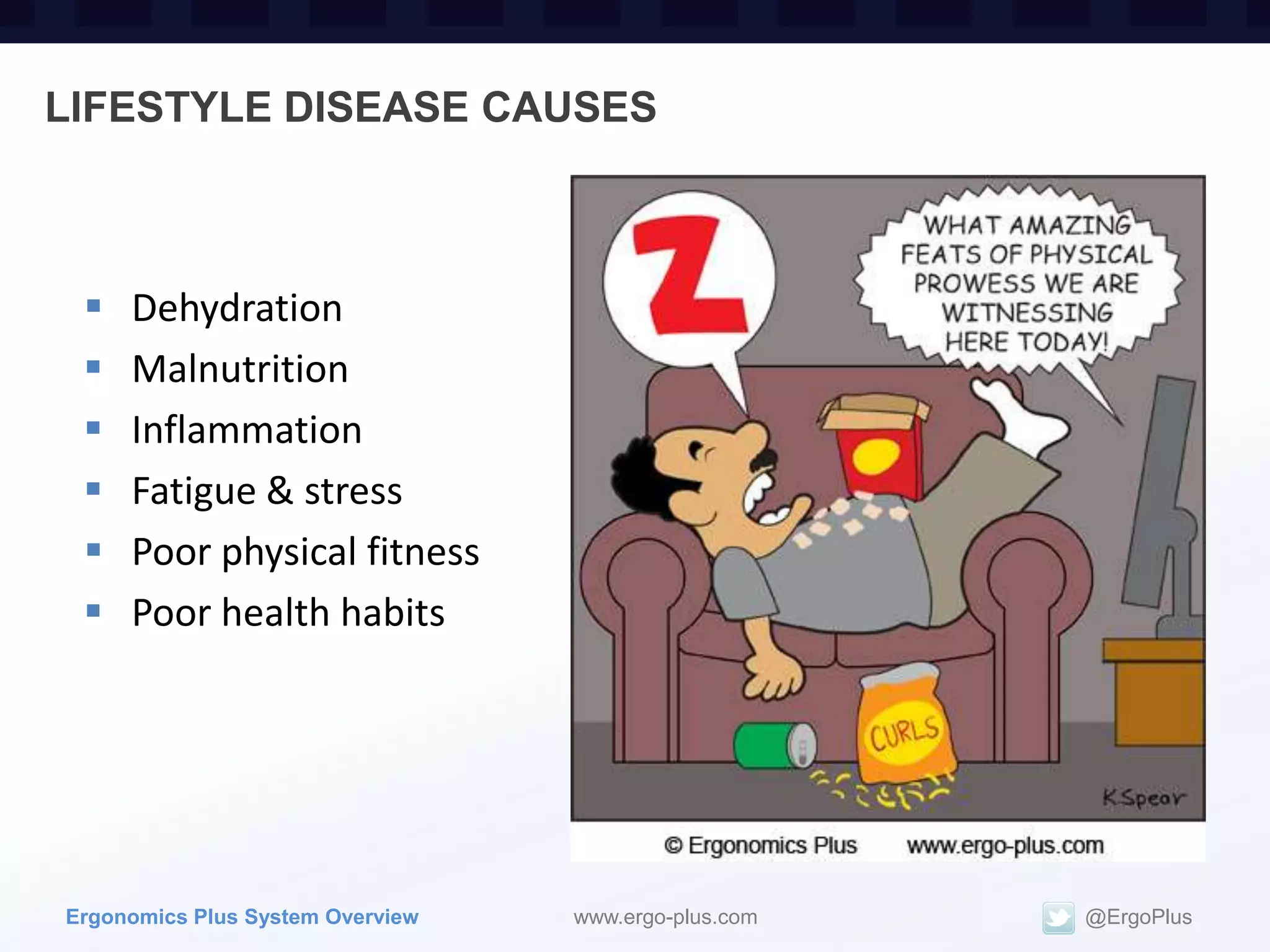 LIFESTYLE DISEASE CAUSES



    Dehydration
    Malnutrition
    Inflammation
    Fatigue & stress
    Poor physical fitness
    Poor health habits




Ergonomics Plus System Overview   www.ergo-plus.com   @ErgoPlus
 