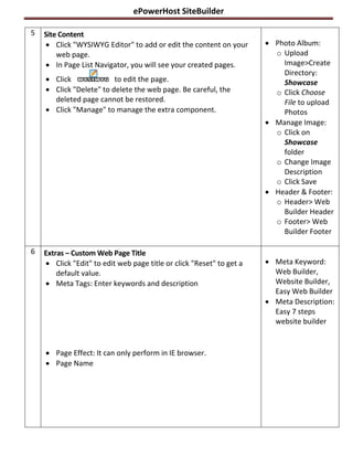 ePowerHost SiteBuilder

5   Site Content
     Click "WYSIWYG Editor" to add or edit the content on your        Photo Album:
        web page.                                                       o Upload
     In Page List Navigator, you will see your created pages.            Image>Create
                                                                          Directory:
     Click              to edit the page.                                Showcase
     Click "Delete" to delete the web page. Be careful, the            o Click Choose
      deleted page cannot be restored.                                    File to upload
     Click "Manage" to manage the extra component.                       Photos
                                                                       Manage Image:
                                                                        o Click on
                                                                          Showcase
                                                                          folder
                                                                        o Change Image
                                                                          Description
                                                                        o Click Save
                                                                       Header & Footer:
                                                                        o Header> Web
                                                                          Builder Header
                                                                        o Footer> Web
                                                                          Builder Footer

6   Extras – Custom Web Page Title
     Click "Edit" to edit web page title or click "Reset" to get a    Meta Keyword:
        default value.                                                  Web Builder,
     Meta Tags: Enter keywords and description                         Website Builder,
                                                                        Easy Web Builder
                                                                       Meta Description:
                                                                        Easy 7 steps
                                                                        website builder


     Page Effect: It can only perform in IE browser.
     Page Name
 