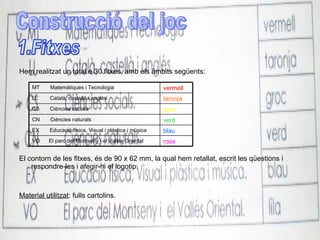 Hem realitzat un total e 30 fitxes, amb els àmbits següents: El contorn de les fitxes, és de 90 x 62 mm, la qual hem retallat, escrit les qüestions i respondre-les i afegir-hi el logotip. Material utilitzat : fulls cartolins. Construcció del joc 1.Fitxes rosa VO  El parc del Montseny i el Vallès Oriental blau EX  Educació física, Visual i plàstica i música verd CN  Ciències naturals groc CS  Ciències socials taronja LL  Català, castellà i anglès vermell MT  Matemàtiques i Tecnologia 