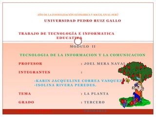 AÑO DE LA CONSOLIDACIÓN ECONOMICA Y SOCIAL EN EL PERÚ UNIVERSIDAD PEDRO RUIZ GALLO TRABAJO DE TECNOLOGÍA E INFORMATICA                                      EDUCATIVA MODULO  II TECNOLOGIA DE LA INFORMACION Y LA COMUNICACION PROFESOR			: JOEL MERA NAVAL INTEGRANTES		: 	-KARIN JACQUELINE CORREA VASQUEZ 	-ISOLINA RIVERA PEREDES. TEMA				: LA PLANTA GRADO		: TERCERO ESPECIALIDAD		: PRIMARIA 