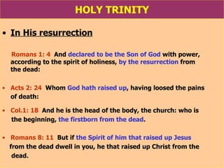 HOLY TRINITY In His resurrection   Romans 1: 4   And  declared to be the Son of God  with power, according to the spirit of holiness,  by the resurrection  from  the dead: Acts 2: 24   Whom  God hath raised up , having loosed the pains  of death:   Col.1: 18   And he is the head of the body, the church: who is the beginning,  the firstborn from the dead . Romans 8: 11   But if  the Spirit of him that raised up Jesus   from the dead dwell in you, he that raised up Christ from the dead. 