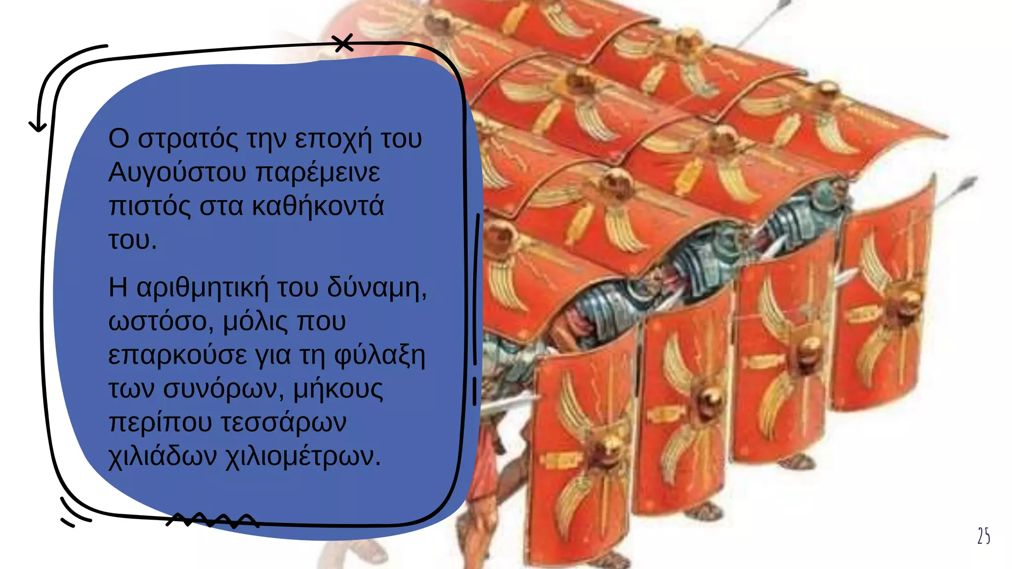 Ο στρατός την εποχή του
Αυγούστου παρέμεινε
πιστός στα καθήκοντά
του.
Η αριθμητική του δύναμη,
ωστόσο, μόλις που
επαρκούσε για τη φύλαξη
των συνόρων, μήκους
περίπου τεσσάρων
χιλιάδων χιλιομέτρων.
25
 