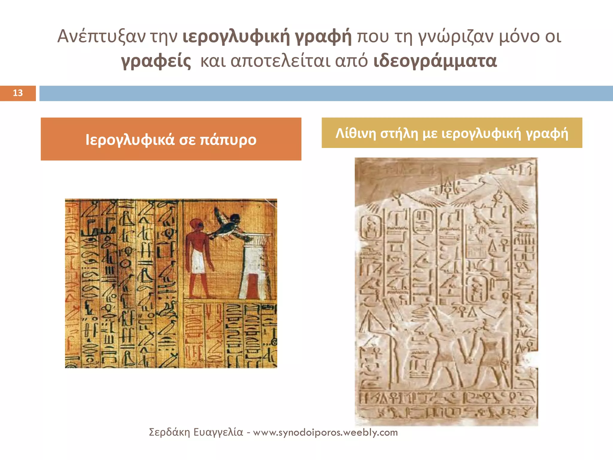 Ανέπτυξαν την ιερογλυφική γραφή που τη γνώριζαν μόνο οι γραφείς και αποτελείται από ιδεογράμματα 
Ιερογλυφικά σε πάπυρο 
Λίθινη στήλη με ιερογλυφική γραφή 
13 
Σερδάκη Ευαγγελία - www.synodoiporos.weebly.com  