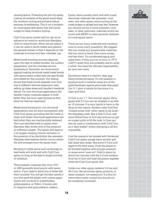 causing failure. Protecting the joint by epoxy           Epoxy resins usually bond well with cured
coating all surfaces of the glued wood stops             thermoset materials like polyester, vinyl
the moisture cycling and prevents failure                ester, and other epoxy resins as long as the
because of weathering. This is not a problem             cured surface is sanded and wax free. However,
for wood glued with epoxy that will not be               you should not try to bond polyester, vinyl
subject to deep moisture cycling.                        ester, or other polymeric materials which are
                                                         cured with MEKP or other peroxide catalysts
Cold Cure epoxy works well for use as an                 to cured epoxy resins.
adhesive for wood-to-wood and fiberglass
cloth-to-wood bonds. When we are asked if                There are too many materials and combina-
it can be used to bond metals and plastics               tions to cover every possibility. We suggest
the general answer is that it depends on the             that you model any questionable materials
materials involved and their intended use.               that you want to bond. Glue some scraps
                                                         and test them. Try accelerated aging and
Metal/metal bonding success depends                      retest them. If they survive an hour in 70°C
upon the type of metals bonded, the surface              (160°F) water they will probably last for quite
preparation, and the intended service                    a while. You have the ultimate responsibility
temperature. Generally, we recommend                     for your own work.
against making structural metal/metal bonds
with epoxy resins unless they are specifically           Sometimes there’s a need for clear gap
formulated for that purpose. Our testing                 filling thickened epoxy. It’s not possible to
shows that these bonds degrade over time                 produce such a material using any of the
due to different thermal expansion rates                 solid thixotropic agents previously discussed.
setting up shear stress and resultant interfacial        Our G-1 glue is handy for this since it is
failure. For non-structural applications the             clear and thick.
flexible mastic materials appear to hold
better than the more rigid epoxies as they               5-Cure is our 1:1 “five minute” epoxy. Items
allow for thermal expansion.                             glued with 5-Cure can be stressed in as little
                                                         as 10 minutes. It is very handy to have in the
Metal/wood bonding for non-structural                    shop for this reason. Builders often find that
applications may be done successfully with               “missed screw hole” when ready to lay down
Cold Cure epoxy providing that the metal is              the fiberglass cloth. Mix a little 5-Cure, add
clean and bright. Structural applications are            some Wood Flour or Anti-sag and you’ve got
best when they are mechanically fastened.                an instant putty to fill the hole. 5-Cure can
Don’t put stainless bolts in epoxy resin.                also be used in combination with Cold Cure
Stainless steel works only in the presence               as a “spot welder” where clamping is all but
of sufficient oxygen. The epoxy will deprive             impossible.
it of oxygen causing crevice corrosion in
the presence of an electrolyte like seawater.            Coat the pieces to be bonded with thickened
Stainless steel fastener failure occurs where            Cold Cure epoxy except leave several golf
the bolt emerges from the epoxy resin.                   ball-sized bare areas. Mix some 5-Cure and
                                                         apply to the bare areas. Push the pieces to
Bonding to metal alone such as fairings on               be bonded together with enough pressure
lead keels will work well with Cold Cure                 to cause some “ooze out”. Hold in place for
epoxy so long as the lead is bright and free             about five minutes until the 5-Cure hardens.
of oxidation.                                            Now the 5-Cure will hold the pieces together
                                                         while the Cold Cure epoxy sets.
Thermoplastic materials like vinyl, PVC
or ABS generally bond poorly with epoxy                  Unlike our other epoxy systems 5-Cure and
resins. If you need to bond any of these test            30-Cure, like all similar epoxy products, is
them yourself. You will get the best results if          water resistant, not waterproof. It is fine for
you first sand the plastic with coarse paper.            intermittent water contact but should not
Epoxy will not bond to polyethylene,                     be constantly immersed.
polypropylene, or Teflon. It bonds well
to neoprene and polyurethane rubbers.

                                                    14
 