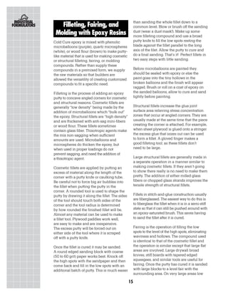 than sanding the whole fillet down to a
   Filleting, Fairing, and                              common level. Blow or brush off the sanding
 Molding with Epoxy Resins                              dust (wear a dust mask!). Make up some
                                                        more filleting compound and use a broad
Cold Cure epoxy is mixed with phenolic                  putty knife to fill the low spots resting the
microballoons (purple), quartz microspheres             blade against the fillet parallel to the long
(white), or wood flour (brown) to make putty-           axis of the filet. Allow the putty to cure and
like material that is used for making cosmetic          do a final sanding. That’s it! Perfect fillets in
or structural filleting, fairing, or molding            two easy steps with little sanding.
compounds. Rather than supply these
compounds in a premixed form, we supply                 Before microballoons are painted they
the raw materials so that builders are                  should be sealed with epoxy or else the
allowed the versatility of creating customized          paint goes into the tiny hollows in the
compounds to fit a specific need.                       broken balloons and the finish will appear
                                                        ragged. Brush or roll on a coat of epoxy on
Filleting is the process of adding an epoxy             the sanded balloons, allow to cure and sand
putty to concave angled corners for cosmetic            lightly before painting.
and structural reasons. Cosmetic fillets are
generally “low density” being made by the               Structural fillets increase the glue joint
addition of microballoons which “bulk out”              surface area relieving stress concentration
the epoxy. Structural fillets are “high density”        zones that occur at angled corners. They are
and are thickened with anti-sag mini-fibers             usually made at the same time that the piece
or wood flour. These fillets sometimes                  creating the corner is attached. For example,
contain glass fiber. Thixotropic agents make            when sheet plywood is glued onto a stringer
the mix non-sagging when sufficient                     the excess glue that oozes out can be used
amounts are used. Microballoons and                     to form a fillet. A gloved finger makes a
microspheres do thicken the epoxy, but                  good filleting tool, as these fillets don’t
when used in proper loadings do not                     need to be large.
prevent sagging, and need the addition of
a thixotropic agent.                                    Large structural fillets are generally made in
                                                        a separate operation in a manner similar to
Cosmetic fillets are applied by putting an              making cosmetic fillets. If they aren’t going
excess of material along the length of the              to show there really is no need to make them
corner with a putty knife or caulking tube.             pretty. The addition of either milled glass
Be careful not to force big air bubbles into            fibers or chopped glass strands improves the
the fillet when putting the putty in the                tensile strength of structural fillets.
corner. A rounded tool is used to shape the
putty by drawing it along the fillet. The sides         Fillets in stitch-and-glue construction usually
of the tool should touch both sides of the              are fiberglassed. The easiest way to do this is
corner and the tool radius is determined                to fiberglass the fillet when it is in a semi-stiff
by how rounded the finished fillet will be.             state so that it can still be pushed around with
Almost any material can be used to make                 an epoxy-saturated brush. This saves having
a fillet tool. Plywood paddles work well,               to sand the fillet after it is cured.
are easy to make and are inexpensive.
The excess putty will be forced out on                  Fairing is the operation of filling the low
either side of the tool where it is scraped             spots to the level of the high spots, eliminating
off with a putty knife.                                 waviness and hollows. The compound used
                                                        is identical to that of the cosmetic fillet and
Once the fillet is cured it may be sanded.              the operation is similar except that large flat
A round edged sanding block with coarse                 areas are involved. Large drywall broad
(50 to 60 grit) paper works best. Knock off             knives, stiff boards with tapered edged
the high spots with the sandpaper and then              squeegees, and similar tools are useful for
come back and fill in the low spots with an             fairing. Once the putty has cured it is sanded
additional batch of putty. This is much easier          with large blocks to a level fair with the
                                                        surrounding area. On very large areas low

                                                   15
 