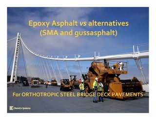 Epoxy Asphalt vs alternatives
(SMA and gussasphalt)

For ORTHOTROPIC STEEL BRIDGE DECK PAVEMENTS

 