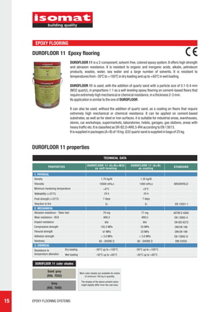 EPOXY FLOORING

     DUROFLOOR 11 Epoxy flooring
                                         DUROFLOOR 11 is a 2-component, solvent-free, colored epoxy system. It offers high strength
                                         and abrasion resistance. It is resistant to organic and inorganic acids, alkalis, petroleum
                                         products, wastes, water, sea water and a large number of solvents. It is resistant to
                                         temperatures from -30oC to +100oC in dry loading and up to +60oC in wet loading.

                                         DUROFLOOR 11 is used, with the addition of quartz sand with a particle size of 0.1-0.4 mm
                                         (M32 quartz), in proportions 1:1 as a self-leveling epoxy flooring on cement-based floors that
                                         require extremely high mechanical or chemical resistance, in a thickness 2-3 mm.
                                         Its application is similar to the one of DUROFLOOR.

                                         It can also be used, without the addition of quartz sand, as a coating on floors that require
                                         extremely high mechanical or chemical resistance. It can be applied on cement-based
                                         substrates, as well as for steel or iron surfaces. it is suitable for industrial areas, warehouses,
                                         stores, car workshops, supermarkets, laboratories, hotels, garages, gas stations, areas with
                                         heavy traffic etc. It is classified as SR-B2,0-AR0,5-IR4 according to EN 13813.
                                         It is supplied in packages (A+B) of 16 kg. Q32 quartz sand is supplied in bags of 25 kg.



     DUROFLOOR 11 properties
                                                                         TECHNICAL DATA

                   PROPERTIES                          DUROFLOOR 11 (A+B)+M32                DUROFLOOR 11 (A+B)          STANDARD
                                                           as self-leveling                      as coating

      1. PHYSICAL
      Density                                                         1.70 kg/lit                  1.35 kg/lit
      Viscosity                                                      10000 mPa.s                  1400 mPa.s             BROOKFIELD
      Minimum hardening temperature                                      +8°C                        +8°C
      Walkability (+23°C)                                                 24 h                        24 h
      Final strength (+23°C)                                             7 days                     7 days
      Reaction to fire                                                     Efl                         Efl                EN 13501-1
      2. MECHANICAL
      Abrasion resistance - Taber test                                   79 mg                     77 mg                 ASTM D 4060
      Wear resistance - BCA                                              AR0,5                      AR0,5                 EN 13892-4
      Impact resistance                                                    IR4                       IR4                  EN ISO 6272
      Compressive strength                                            102.3 MPa                    53 MPa                 DIN EN 196
      Flexural strength                                                 47 MPa                     33 MPa                 DIN EN 196
      Adhesion strength                                               > 3.0 MPa                   > 3.0 MPa               EN 13892-8
      Hardness                                                      80 - SHORE D                80 - SHORE D              DIN 53505
      3. CHEMICAL
      Resistance to               Dry loading                   -30°C up to +100°C             -30°C up to +100°C
      temperature alteration      Wet loading                    -30°C up to +60°C              -30°C up to +60°C


      DUROFLOOR 11 color shades

                   Sand grey
                                                More color shades are available for orders
                  (RAL 7032)                        of minimum 160 kg in quantity.

                                                 The shades of the above printed colors
                     Grey                        might slightly differ from the real ones.
                  (RAL 7040)



15   EPOXY FLOORING SYSTEMS
 