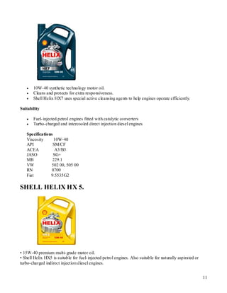    10W-40 synthetic technology motor oil.
      Cleans and protects for extra responsiveness.
      Shell Helix HX7 uses special active cleansing agents to help engines operate efficiently.

Suitability

      Fuel- injected petrol engines fitted with catalytic converters
      Turbo-charged and intercooled direct injection diesel engines

   Specifications
   Viscosity      10W-40
   API           SM/CF
   ACEA            A3/B3
   JASO           SG+
   MB            229.1
   VW            502 00, 505 00
   RN            0700
   Fiat         9.5535G2

SHELL HELIX HX 5.




• 15W-40 premium multi- grade motor oil.
• Shell Helix HX5 is suitable for fuel- injected petrol engines. Also suitable for naturally aspirated or
turbo-charged indirect injection diesel engines.


                                                                                                            11
 