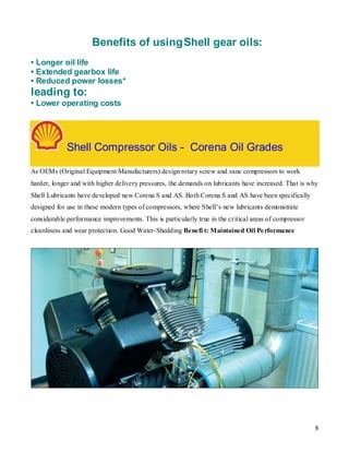 Benefits of using Shell gear oils:
• Longer oil life
• Extended gearbox life
• Reduced power losses*
leading to:
• Lower operating costs




             Shell Compressor Oils - Corena Oil Grades

As OEMs (Original Equipment Manufacturers) design rotary screw and vane compressors to work
harder, longer and with higher delivery pressures, the demands on lubricants have increased. That is why
Shell Lubricants have developed new Corena S and AS. Both Corena S and AS have been specifically
designed for use in these modern types of compressors, where Shell’s new lubricants demonstrate
considerable performance improvements. This is particularly true in the cr itical areas of compressor
cleanliness and wear protection. Good Water-Shedding Benefi t: Maintained Oil Pe rformance




                                                                                                        8
 