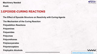 www.entrepreneurindia.co
Machinery Needed
Profit
3.EPOXIDE-CURING REACTIONS
The Effect of Epoxide Structure on Reactivity with Curing Agents
The Mechanism of the Curing Reaction
Polyaddition Reactions
Polyamines
Polyamides
Polyureas
Polyurethanes
Polyisocyanates
Polymercaptans
Polyhydric Alcohols
 