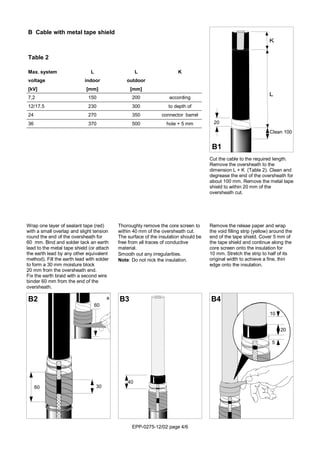 EPP-0275-12/02 page 4/6
Thoroughly remove the core screen to
within 40 mm of the oversheath cut.
The surface of the insulation should be
free from all traces of conductive
material.
Smooth out any irregularities.
Note: Do not nick the insulation.
B3
Cut the cable to the required length.
Remove the oversheath to the
dimension L + K (Table 2). Clean and
degrease the end of the oversheath for
about 100 mm. Remove the metal tape
shield to within 20 mm of the
oversheath cut.
B1
Wrap one layer of sealant tape (red)
with a small overlap and slight tension
round the end of the oversheath for
60 mm. Bind and solder tack an earth
lead to the metal tape shield (or attach
the earth lead by any other equivalent
method). Fill the earth lead with solder
to form a 30 mm moisture block
20 mm from the oversheath end.
Fix the earth braid with a second wire
binder 60 mm from the end of the
oversheath.
B2
Remove the releae paper and wrap
the void filling strip (yellow) around the
end of the tape shield. Cover 5 mm of
the tape shield and continue along the
core screen onto the insulation for
10 mm. Stretch the strip to half of its
original width to achieve a fine, thin
edge onto the insulation.
B4
Max. system L L K
voltage indoor outdoor
[kV] [mm] [mm]
7,2 150 200 according
12/17.5 230 300 to depth of
24 270 350 connector barrel
36 370 500 hole + 5 mm
Table 2
B Cable with metal tape shield
Clean 100
20
60 30
40
10
20
5
60
a
 