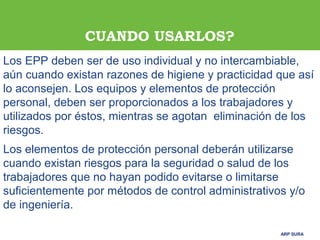 ARP SURAARP SURA
CUANDO USARLOS?
Los EPP deben ser de uso individual y no intercambiable,
aún cuando existan razones de higiene y practicidad que así
lo aconsejen. Los equipos y elementos de protección
personal, deben ser proporcionados a los trabajadores y
utilizados por éstos, mientras se agotan eliminación de los
riesgos.
Los elementos de protección personal deberán utilizarse
cuando existan riesgos para la seguridad o salud de los
trabajadores que no hayan podido evitarse o limitarse
suficientemente por métodos de control administrativos y/o
de ingeniería.
 