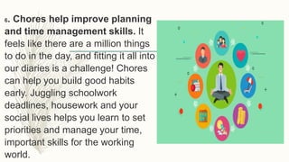 6. Chores help improve planning
and time management skills. It
feels like there are a million things
to do in the day, and fitting it all into
our diaries is a challenge! Chores
can help you build good habits
early. Juggling schoolwork
deadlines, housework and your
social lives helps you learn to set
priorities and manage your time,
important skills for the working
world.
 