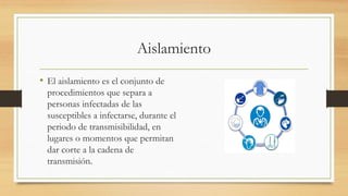 Aislamiento
• El aislamiento es el conjunto de
procedimientos que separa a
personas infectadas de las
susceptibles a infectarse, durante el
periodo de transmisibilidad, en
lugares o momentos que permitan
dar corte a la cadena de
transmisión.
 
