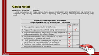 Gawin Natin!
Gawain A: Malware . . . Iwasan!
Ang sumusunod ay mga paraan kung paano maiiwasan ang pagkakaroon ng malware sa
computer. Sagutan ang tseklist sa ibaba. Lagyan ng tsek () kung naisasagawa at ekis (X) kung
hindi.
Mga Paraan kung Paano Maiiwasan
ang Pagkakaroon ng Malware sa Computer
Oo Hindi
1. Pag-update ng computer at software.
2. Paggamit ng account na hindi pang-administrator.
3. Pagdadalawang-isip bago mag-click ng mga link o
mag-download ng anumang bagay.
4. Pagdadalawang-isip bago magbukas ng mga
attachment o larawan sa email.
5. Hindi pagtitiwala sa mga pop-up window na
humihiling na mag-download ng software.
6. Pagiging maingat sa pagbabahagi ng files.
7. Paggamit ng anti-virus software.
 