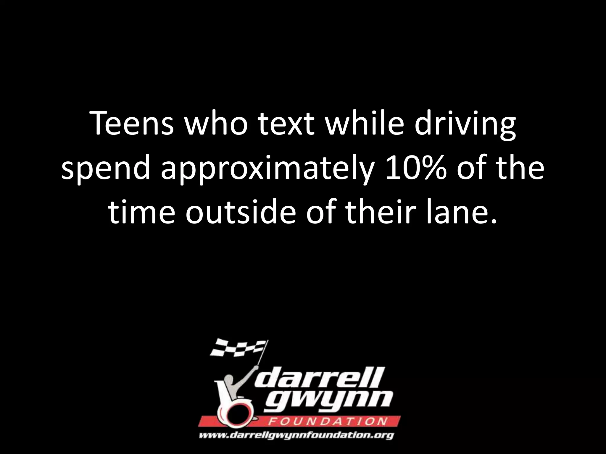 Teens who text while driving 
spend approximately 10% of the 
time outside of their lane. 
 