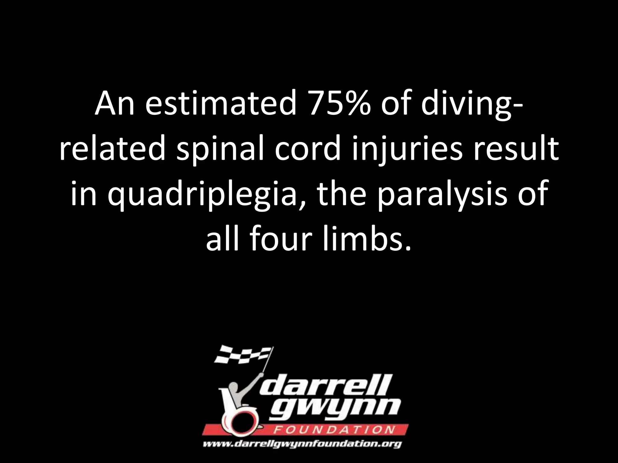 An estimated 75% of diving-related 
spinal cord injuries result 
in quadriplegia, the paralysis of 
all four limbs. 
 