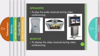 Topics
Video
Conferencing
Menu
Technologies
Google
Meet
Google
Classroom
Activity
Takeaways
 