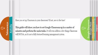 Topics
Video
Conferencing
Menu
Technologies
Google
Meet
Google
Classroom
Activity
Takeaways
 