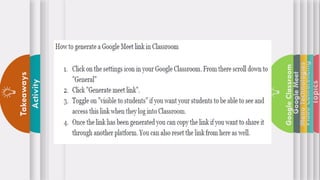 Topics
Video
Conferencing
Menu
Technologies
Google
Meet
Google
Classroom
Activity
Takeaways
 