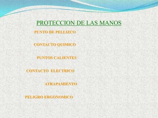 PROTECCION DE LAS MANOS
   PUNTO DE PELLIZCO


   CONTACTO QUIMICO


    PUNTOS CALIENTES


CONTACTO ELECTRICO


       ATRAPAMIENTO


PELIGRO ERGONOMICO
 