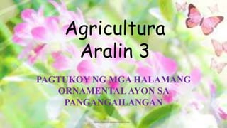 Agricultura
Aralin 3
PAGTUKOY NG MGA HALAMANG
ORNAMENTAL AYON SA
PANGANGAILANGAN
 