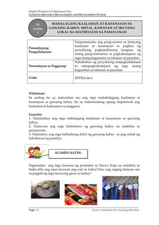 DepEd Division of Cabanatuan City
LEARNING RESOURCE MANAGEMENT AND DEVELOPMENT SYSTEM
___________________________________________________________________________
Page | 1 Grade 5 Industrial Arts Learning Materials
Nilalaman:
Sa araling ito ay matutuhan mo ang mga mahahalagang kaalaman at
kasanayan sa gawaing kahoy. Ito ay makatutulong upang mapalawak ang
kaalaman at kahusayan sa paggawa.
Layunin:
1. Natatalakay ang mga mahalagang kaalaman at kasanayan sa gawaing
kahoy,
2. Naiisa-isa ang mga halimbawa ng gawaing kahoy na makikita sa
pamayanan.
3. Natutukoy ang mga kabutihang dulot ng gawaing kahoy sa pag-unlad ng
kabuhayan ng pamilya
Pagmasdan ang mga larawan ng produkto sa Nueva Ecija na makikita sa
ibaba.Alin ang nasa larawan ang yari sa kahoy?Ano ang naging batayan mo
sa pagpili ng mga larawang gawa sa kahoy?
Pamantayang
Pangnilalaman:
Naipamamalas ang pang-unawa sa batayang
kaalaman at kasanayan sa pagbuo ng
proyektong pagkakakitaang kaugnay ng
sining pang-industriya at pagkukumpuni ng
mga sirang kagamitan sa tahanan at paaralan .
Pamantayan sa Pagganap:
Nakabubuo ng proyektong mapagkakakitaan
at nakapagkukumpuni ng mga sirang
kagamitan sa tahanan at paaralan
Code: EPP5IA-0a-1
MAHALAGANG KAALAMAN AT KASANAYAN SA
GAWAING KAHOY, METAL, KAWAYAN AT IBA PANG
LOKAL NA MATERYALES SA PAMAYANAN
IA
Aralin
1
ALAMIN NATIN:
 