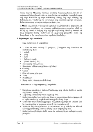 DepEd Division of Cabanatuan City
LEARNING RESOURCE MANAGEMENT AND DEVELOPMENT SYSTEM
___________________________________________________________________________
Page | 3 Grade 5 Industrial Arts Learning Materials
Tsina, Hapon, Malaysia, Pilipinas at ibang Asyanong bansa. Ito rin ay
nagagamit bilang handicrafts na pang-kultura,at pagkain. Napagkukunan
ang mga kawayan ng mga nakakaing labong, ang mga usbong ng
halamang ito. Tinatawag na kawayanan ang taniman ng mga kawayan.
Buho naman ang tawag sa matigas na kawayan.
3. Metal- ang metal ay isang uri ng bakal na ginagamit sa pagluluto, at
paggawa ng mga bagay na pwedeng pakinabangan ng mga tao tulad ng
silong ng bahay at maging ang mga pira -pirasong metal ay maaari pa
ring magamit bilang materyales sa gagawing proyekto, tulad ng
lampshade at iba pang kagamitan o palamuti sa bahay.
B. Pagsasagwa ng Lampshade
Mga materyales at kagamitan:
 2 Wire na may habang 22 pulgada, (Tanggalin ang insulator sa
makabilang dulo)
 1 switch
 1 plug
 1 bulb
 1 Bulb receptacle
 1 plastic bottle (1.5 L)
 Kinulayang Tabla/board
 Kinulayan o binarnisang Sanga ng kahoy
 Gunting
 Cutter
 Glue stick and glue gun
 Paint
 Paint brush
 Ibang materyales sa pagdedesinyo
Pamamaraan sa Pagsasagawa ng Lampshade:
 Gamit ang gunting at Cutter, Putulin ang ang plastic bottle at kunin
ang itaas na bahagi nito.
 Lagyan ng kapirasong butas ang takip nito.
 Matapos putulin. Lagyan ito ng disenyo sa pamamagitan ng paggupit
sa laylayan nito ng magkakasalubong pakurbang linya.
 Ulit ulitin ito paikot hanggang sa mag-abot ang mga ito. (maaari din
kayong mag-isip at gumawa ng sarili ninyong disenyo.)
 Matapos lagyan ng disenyo ay atin naman itong kukulayan. Maaari
kayong gumamit ng kahit na anong kulay ang inyong nais.
 Matapos itong kulayan, itabi muna ito sa isang ligtas na lugar upang
patuyuin.
 