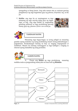 DepEd Division of Cabanatuan City
LEARNING RESOURCE MANAGEMENT AND DEVELOPMENT SYSTEM
___________________________________________________________________________
Page | 4 Grade 5 Industrial Arts Learning Materials
ipangsahog sa ibang lutuin. Ang saha naman nito ay mainam gawing
pangdisenyo ng mga kagamitan gaya ng plorera, lampshade, bag, at iba
pa.
7. Kabibe- ang mga ito ay matatagpuan sa mga
pampang ng mga anyong tubig gaya ng dagat,
sapa, at ilog. Ang mga kabibe ay magandang
gamiting palamuti sa mga produktong gawang
kamay gaya ng plorera o flower vase at iba pa.
Maraming mga bagay-bagay sa iyong paligid na maaaring
gamitin upang makabuo ng isang produktong maaari mong pakinabangan o
pagkakitaan. Kinakailangan lamang na ikay ay maging mapagmasid at
malikhain. Maaari rin namang sumangguni sa mga kaibigan o maging sa
internet upang makalikha ng isang produkto.
A. Punan ang Kahon ng mga produktong maaaring
malikha mula sa pangunahing materyales na nasa loob ng Bilohaba
Kawayan
Damo
Tabla
Retaso
TANDAAN NATIN:
GAWIN NATIN:
 