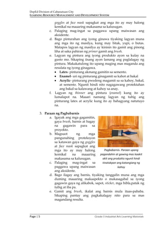 DepEd Division of Cabanatuan City
LEARNING RESOURCE MANAGEMENT AND DEVELOPMENT SYSTEM
___________________________________________________________________________
Page | 5 Grade 5 Industrial Arts Learning Materials
goggles at face mask sapagkat ang mga ito ay may halong
kemikal na maaaring makasama sa kalusugan.
c. Palaging mag-ingat sa paggawa upang maiwasan ang
aksidente.
d. Bago pinturahan ang iyong ginawa tiyaking lagyan muna
ang mga ito ng masilya, kung may bitak, yupi, o butas.
Matapos lagyan ng masilya ay kinisin ito gamit ang pinong
liha at saka pahiran ng primer gamit ang brush.
e. Lagyan ng pintura ang iyong produkto ayon sa kulay na
gusto mo. Sikaping iisang ayon lamang ang paglalagay ng
pintura. Makakatulong ito upang maging mas maganda ang
resulata ng iyong ginagawa.
• Latex- pinturang akmang gamitin sa semento.
• Enamel- uri ng pinturang ginagamit sa kahot at bakal
• Acrylic- pinturang pwedeng magamit sa sa kahoy, bakal,
at semento. Ngunit hindi nito nagagawang protektahan
ang bakal sa kalawang at kahoy sa anay.
f. Lagyan ng thinner ang pintura (enamel) kung ito ay
lumalapot na. Maaari namang lagyan ng tubig ang
pinturang latex at acrylic kung ito ay bahagyang natutuyo
na.
3. Paraan ng Pagbabarnis
a. Igayak ang mga gagamitin,
gaya brush, barnis at bagay
na gagawin para sa
proyekto.
b. Magsuot ng mga
pangunahing proteksyon
sa katawan gaya ng goggles
at face mask sapagkat ang
mga ito ay may halong
kemikal na maaaring
makasama sa kalusugan.
c. Palaging mag-ingat sa
paggawa upang maiwasan
ang aksidente.
d. Bago ilagay ang barnis, tiyaking tanggalin muna ang mga
duming maaaring makaapekto o makasagabal sa iyong
gagawin gaya ng alikabok, sapot, sticker, mga hibla,patak ng
tubig at iba pa.
e. Gamit ang brush, ikalat ang barnis mula itaas-pababa.
Sikaping pantay ang pagkakalagay nito para sa mas
magandang resulta.
Pagbabarnis. Paraan upang
pagandahin at gawing mas kaakit
akit ang produkto ngunit hindi
tinatakpan ang katangiang ng
kahoy
 