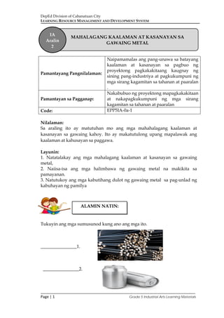 DepEd Division of Cabanatuan City
LEARNING RESOURCE MANAGEMENT AND DEVELOPMENT SYSTEM
___________________________________________________________________________
Page | 1 Grade 5 Industrial Arts Learning Materials
Nilalaman:
Sa araling ito ay matutuhan mo ang mga mahahalagang kaalaman at
kasanayan sa gawaing kahoy. Ito ay makatutulong upang mapalawak ang
kaalaman at kahusayan sa paggawa.
Layunin:
1. Natatalakay ang mga mahalagang kaalaman at kasanayan sa gawaing
metal,
2. Naiisa-isa ang mga halimbawa ng gawaing metal na makikita sa
pamayanan.
3. Natutukoy ang mga kabutihang dulot ng gawaing metal sa pag-unlad ng
kabuhayan ng pamilya
Tukuyin ang mga sumusunod kung ano ang mga ito.
________________1.
________________2.
Pamantayang Pangnilalaman:
Naipamamalas ang pang-unawa sa batayang
kaalaman at kasanayan sa pagbuo ng
proyektong pagkakakitaang kaugnay ng
sining pang-industriya at pagkukumpuni ng
mga sirang kagamitan sa tahanan at paaralan
.
Pamantayan sa Pagganap:
Nakabubuo ng proyektong mapagkakakitaan
at nakapagkukumpuni ng mga sirang
kagamitan sa tahanan at paaralan
Code: EPP5IA-0a-1
MAHALAGANG KAALAMAN AT KASANAYAN SA
GAWAING METAL
IA
Aralin
2
ALAMIN NATIN:
 