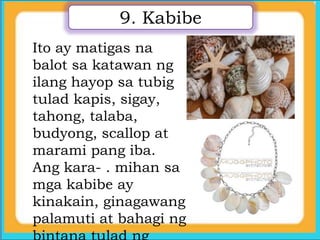 Ito ay matigas na
balot sa katawan ng
ilang hayop sa tubig
tulad kapis, sigay,
tahong, talaba,
budyong, scallop at
marami pang iba.
Ang kara- . mihan sa
mga kabibe ay
kinakain, ginagawang
palamuti at bahagi ng
9. Kabibe
 