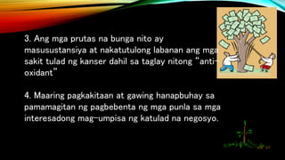 3. Ang mga prutas na bunga nito ay
masusustansiya at nakatutulong labanan ang mga
sakit tulad ng kanser dahil sa taglay nitong “anti-
oxidant”
4. Maaring pagkakitaan at gawing hanapbuhay sa
pamamagitan ng pagbebenta ng mga punla sa mga
interesadong mag-umpisa ng katulad na negosyo.
 