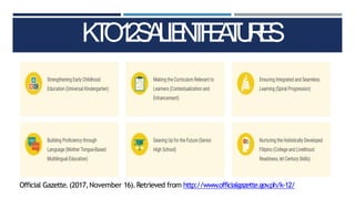 K
T
O
1
2
S
A
L
IE
N
T
F
E
A
T
U
R
E
S
Official Gazette.(2017,November 16).Retrieved from http://www.officialgazette.gov
.ph/k-12/
 