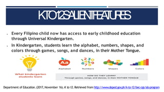 K
T
O
1
2
S
A
L
IE
N
T
F
E
A
T
U
R
E
S
 Every Filipino child now has access to early childhood education
through Universal Kindergarten.
 In Kindergarten, students learn the alphabet, numbers, shapes, and
colors through games, songs, and dances, in their Mother Tongue.
Department of Education.(2017,November 16).K to 12.Retrieved from http://www.deped.gov
.ph/k-to-12/bec-cgs/als-program
 