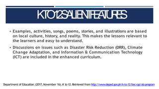 ◾ Examples, activities, songs, poems, stories, and illustrations are based
on local culture, history, and reality. This makes the lessons relevant to
the learners and easy to understand.
◾ Discussions on issues such as Disaster Risk Reduction (DRR), Climate
Change Adaptation, and Information & Communication Technology
(ICT) are included in the enhanced curriculum.
K
T
O
1
2
S
A
L
IE
N
T
F
E
A
T
U
R
E
S
Department of Education.(2017,November 16).K to 12.Retrieved from http://www.deped.gov
.ph/k-to-12/bec-cgs/als-program
 