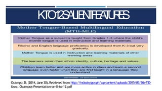 K
T
O
1
2
S
A
L
IE
N
T
F
E
A
T
U
R
E
S
Ocampo,D.(2014,June 30).Retrieved from http://industry.gov
.ph/wp-content/uploads/2015/05/6th-TID-
Usec.-Ocampos-Presentation-on-K-to-12.pdf
 