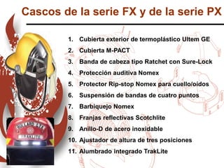 1. Cubierta exterior de termoplástico Ultem GE
2. Cubierta M-PACT
3. Banda de cabeza tipo Ratchet con Sure-Lock
4. Protección auditiva Nomex
5. Protector Rip-stop Nomex para cuello/oídos
6. Suspensión de bandas de cuatro puntos
7. Barbiquejo Nomex
8. Franjas reflectivas Scotchlite
9. Anillo-D de acero inoxidable
10. Ajustador de altura de tres posiciones
11. Alumbrado integrado TrakLite
Cascos de la serie FX y de la serie PX
 
