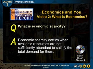 Economics and You
Video 2: What Is Economics?
What is economic scarcity?

Economic scarcity occurs when
available resources are not
sufficiently abundant to satisfy the
total demand for them.
Side 1
Disc 1
Chapter 2
Click the mouse button or press the Space Bar to display the
answer.

 