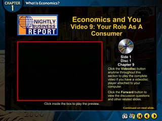 Economics and You

Video 9: Your Role As A
Consumer

Side 1
Disc 1
Chapter 9
Click the Videodisc button
anytime throughout this
section to play the complete
video if you have a videodisc
player attached to your
computer.
Click the Forward button to
view the discussion questions
and other related slides.
Click inside the box to play the preview.
Continued on next slide.

 