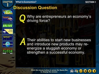 Discussion Question
Why are entrepreneurs an economy’s
driving force?

Their abilities to start new businesses
and introduce new products may reenergize a sluggish economy or
strengthen a successful economy.

Click the mouse button or press the Space Bar
to display the answer.

 