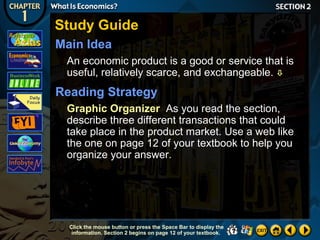 Study Guide
Main Idea
An economic product is a good or service that is
useful, relatively scarce, and exchangeable. 

Reading Strategy
Graphic Organizer As you read the section,
describe three different transactions that could
take place in the product market. Use a web like
the one on page 12 of your textbook to help you
organize your answer.

Click the mouse button or press the Space Bar to display the
information. Section 2 begins on page 12 of your textbook.

 